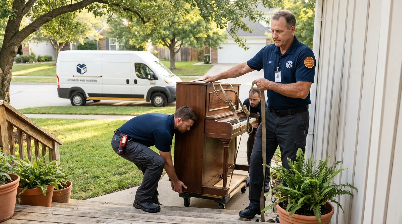 Licensed piano movers securing grand piano in Center Harbor, NH
