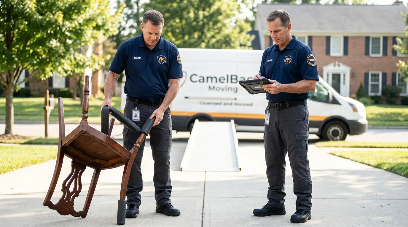 Movers inspecting furniture for damage prevention before loading in Center Harbor, NH
