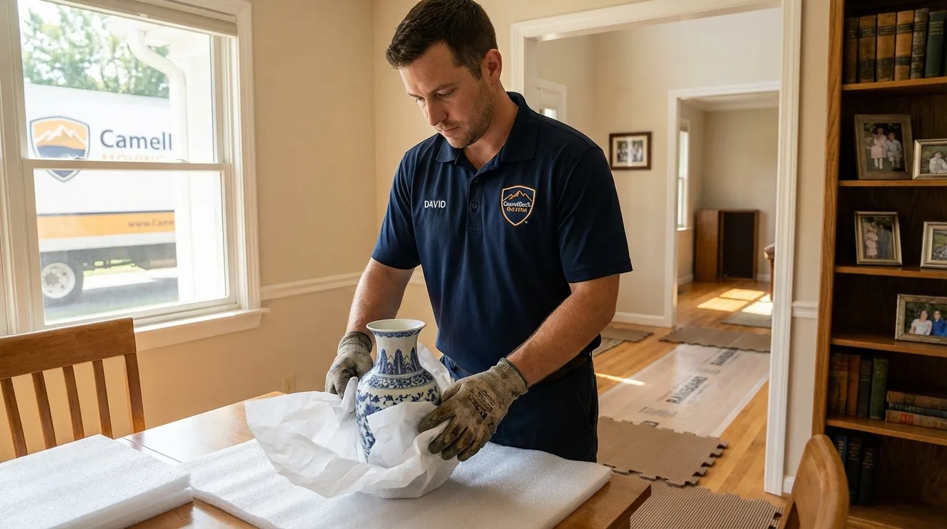 Professional crew carefully wrapping antique vase for senior downsizing move in Center Harbor, NH